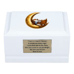 White Wooden Child Memorial Urn with Golden Moon and Cradle Design – Front View