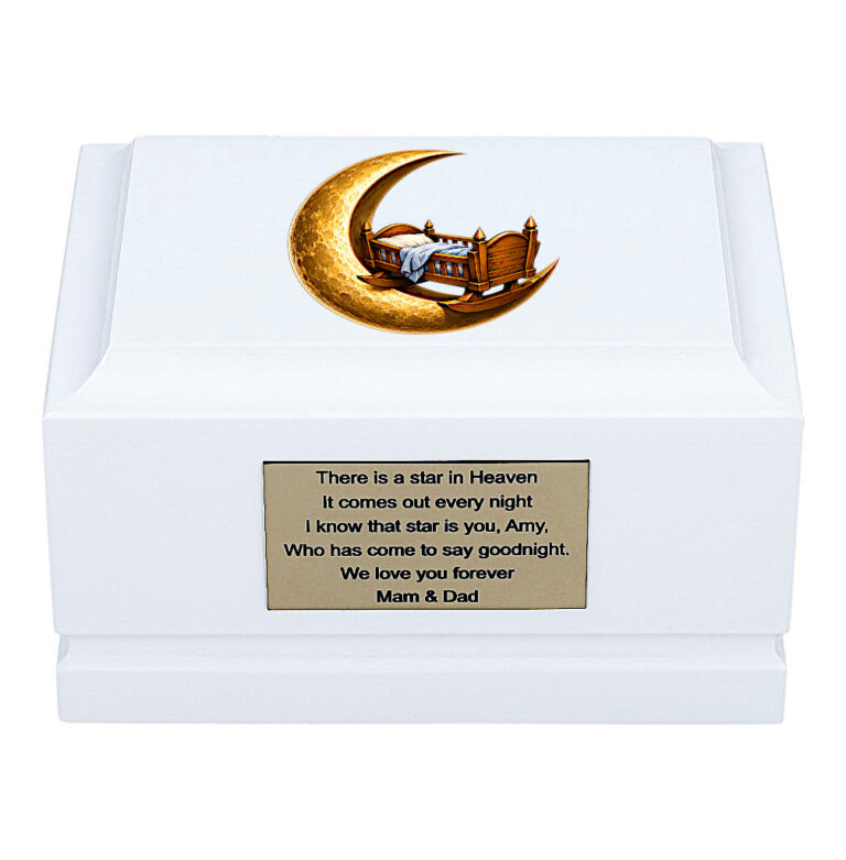 White Wooden Child Memorial Urn with Golden Moon and Cradle Design – Front View