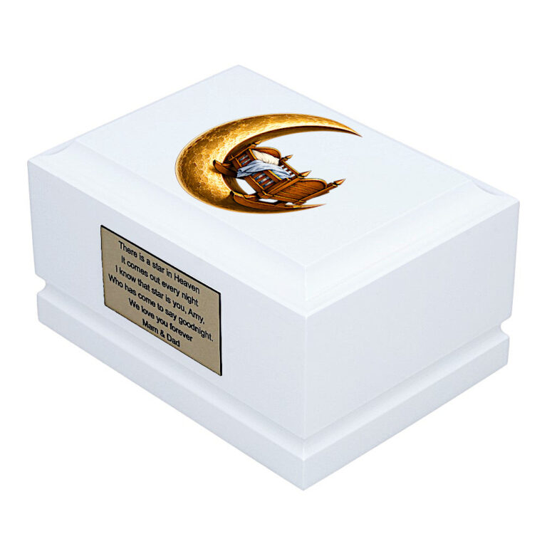 Moon Cradle Baby Cremation Urn – White Wooden Memorial Urn Side Perspective