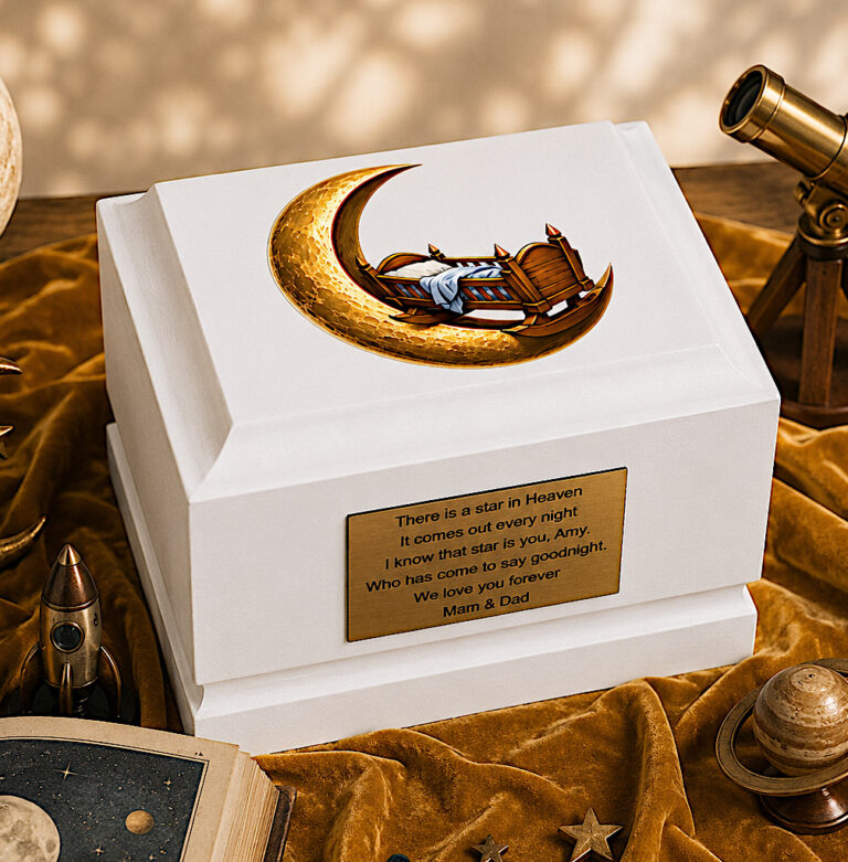 Moon Cradle Child Cremation Urn Displayed in a Peaceful Memorial Setting