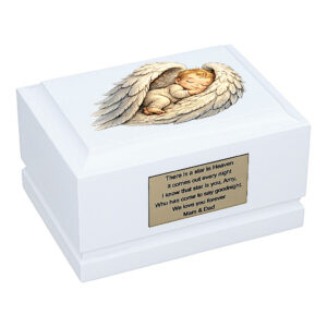 Angel Wings Baby Cremation Urn – White Wooden Memorial Urn for Child Front Angled View