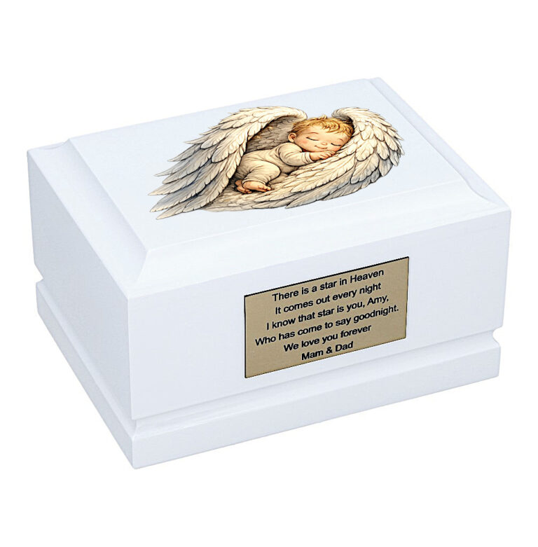 Angel Wings Baby Cremation Urn – White Wooden Memorial Urn for Child Front Angled View