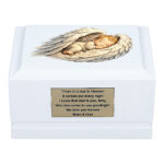 White Wooden Baby Memorial Urn with Sleeping Baby in Angel Wings Design – Front View