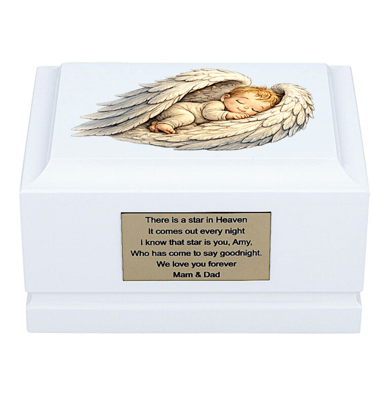 White Wooden Baby Memorial Urn with Sleeping Baby in Angel Wings Design – Front View