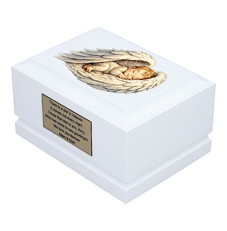 Angel Wings Baby Cremation Urn – White Wooden Urn Side Perspective