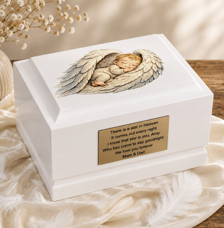 Angel Wings Baby Cremation Urn Displayed in a Peaceful Memorial Setting
