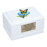 Butterfly Blue Daisy Child Cremation Urn – White Wooden Memorial Urn for Ashes Front Angled View