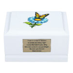 White Wooden Child Cremation Urn with Butterfly and Blue Daisy Design – Front View Memorial Urn