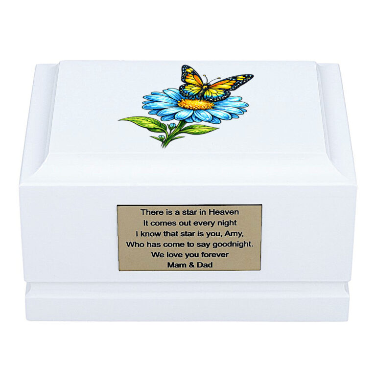 White Wooden Child Cremation Urn with Butterfly and Blue Daisy Design – Front View Memorial Urn