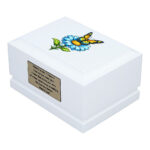 Butterfly Blue Daisy Baby Cremation Urn – White Wooden Child Memorial Urn Side Perspective
