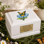 Butterfly Blue Daisy Child Cremation Urn Displayed in a Peaceful Memorial Setting