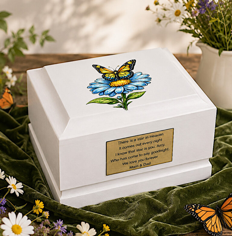 Butterfly Blue Daisy Child Cremation Urn Displayed in a Peaceful Memorial Setting