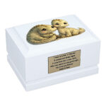 Baby Dinosaurs Child Cremation Urn – White Wooden Memorial Urn for Baby Front Angled View