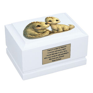 Baby Dinosaurs Child Cremation Urn – White Wooden Memorial Urn for Baby Front Angled View