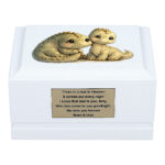 White Wooden Baby Memorial Urn with Baby Dinosaurs Design – Front View