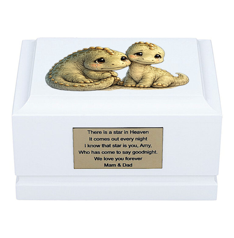 White Wooden Baby Memorial Urn with Baby Dinosaurs Design – Front View