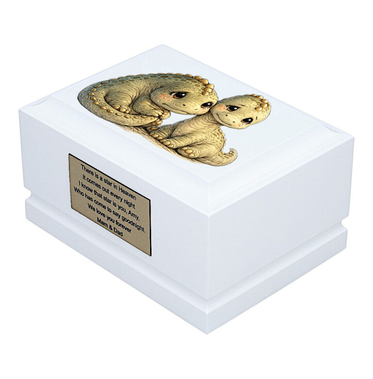 Baby Dinosaurs Child Cremation Urn – White Wooden Urn Side Perspective