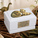 Baby Dinosaurs Child Cremation Urn Displayed in a Peaceful Dinosaur-Themed Memorial Setting
