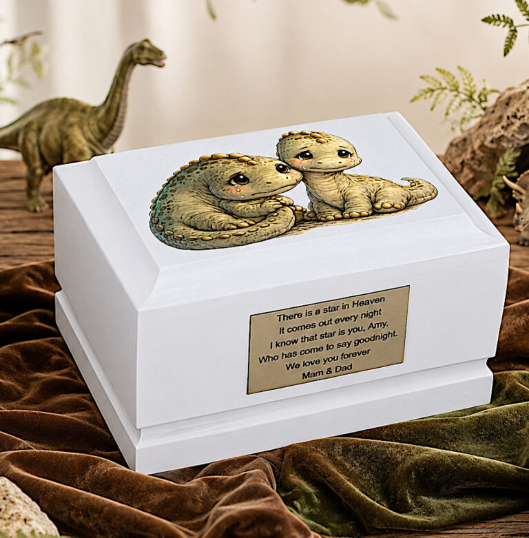 Baby Dinosaurs Child Cremation Urn Displayed in a Peaceful Dinosaur-Themed Memorial Setting