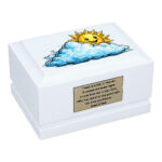 Sun Above the Clouds Child Cremation Urn – White Wooden Memorial Baby Urn Front Angled View