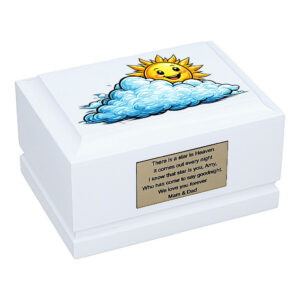 Sun Above the Clouds Child Cremation Urn – White Wooden Memorial Baby Urn Front Angled View
