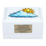 White Wooden Baby Memorial Urn with Smiling Sun and Clouds Design – Front View
