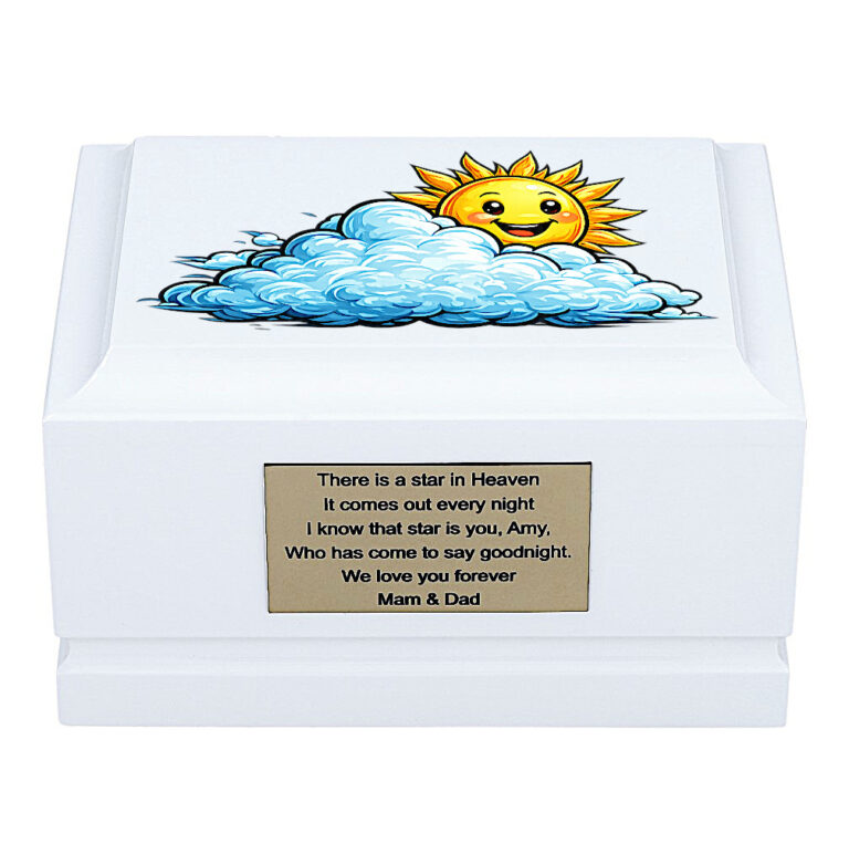 White Wooden Baby Memorial Urn with Smiling Sun and Clouds Design – Front View