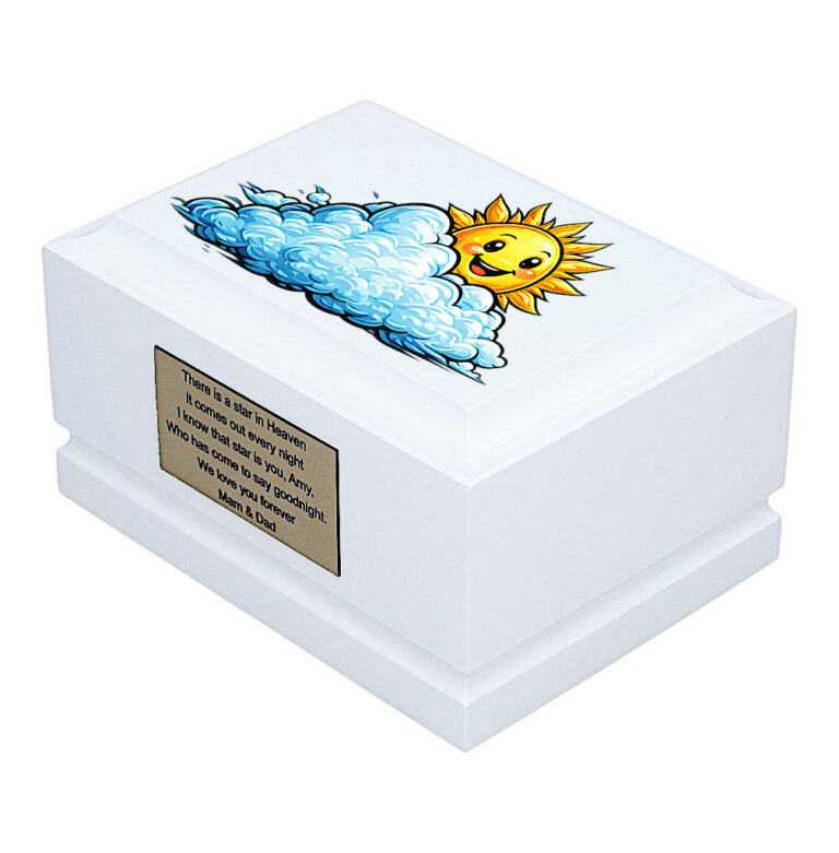 Sun Above the Clouds Baby Cremation Urn – White Wooden Urn Side Perspective