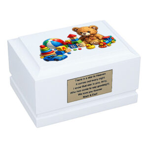 Childhood Toys Baby Cremation Urn – White Wooden Memorial Urn Front Angled View