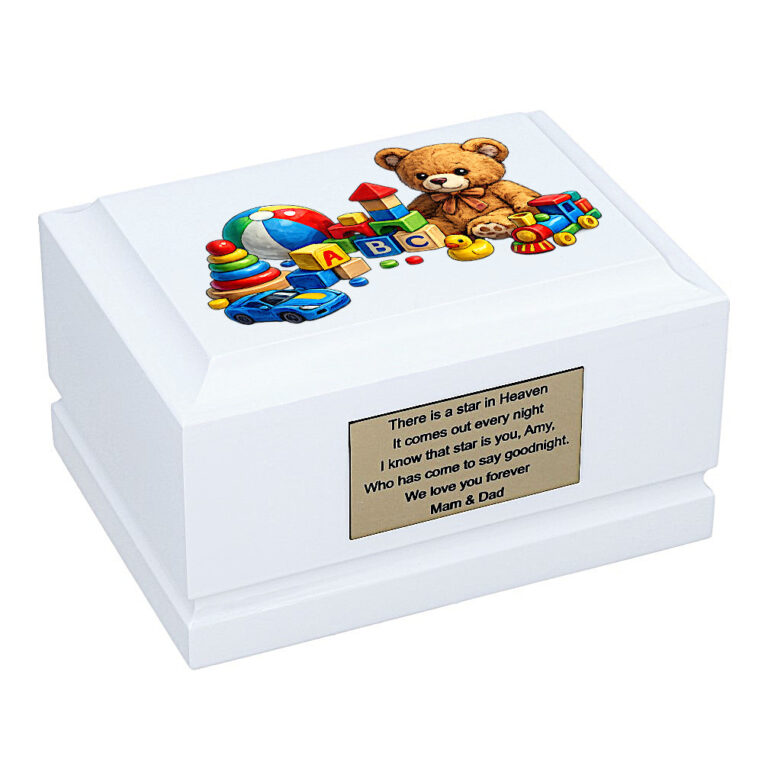 Childhood Toys Baby Cremation Urn – White Wooden Memorial Urn Front Angled View