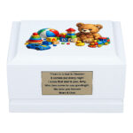 White Wooden Child Memorial Urn with Childhood Toys Design – Front View