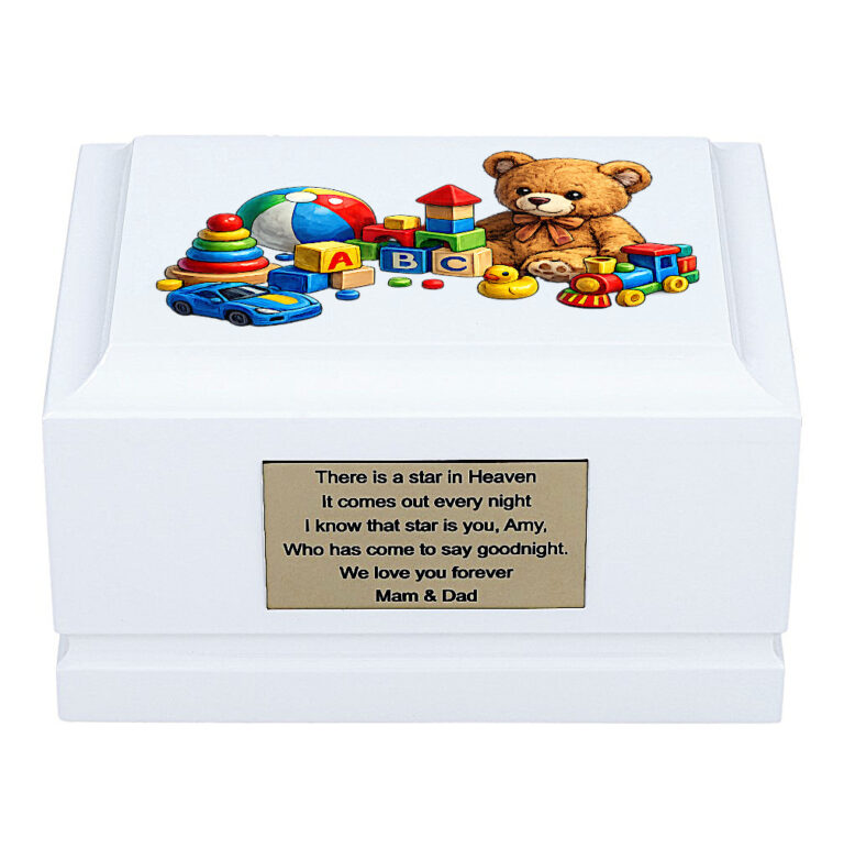 White Wooden Child Memorial Urn with Childhood Toys Design – Front View