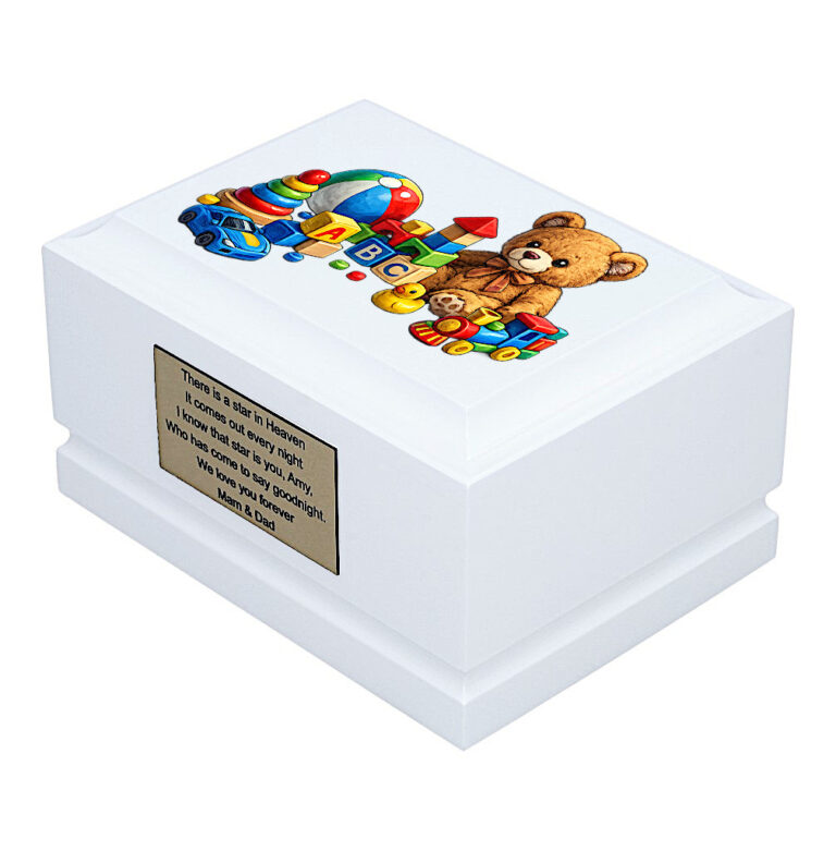 Childhood Toys Baby Cremation Urn – White Wooden Urn Side Perspective