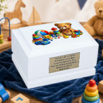 Childhood Toys Baby Cremation Urn Displayed in a Peaceful Memorial Setting