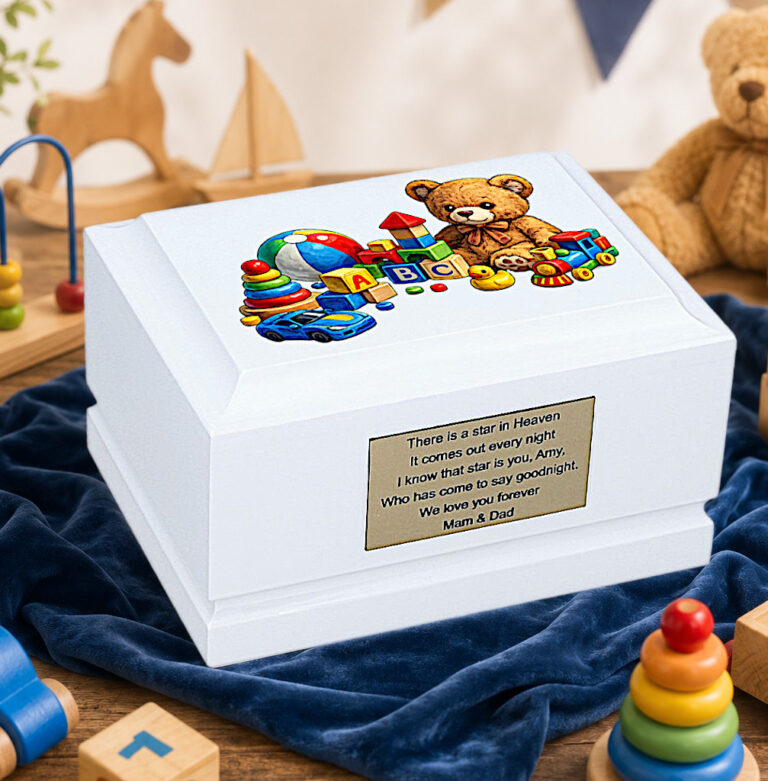 Childhood Toys Baby Cremation Urn Displayed in a Peaceful Memorial Setting