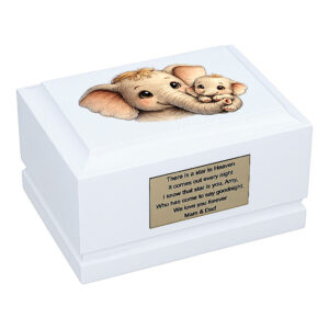 Baby Elephant Child Cremation Urn – White Wooden Memorial Urn for Ashes Front Angled View