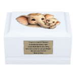 White Wooden Child Cremation Urn with Baby Elephant Design – Front View Memorial Urn for Ashes