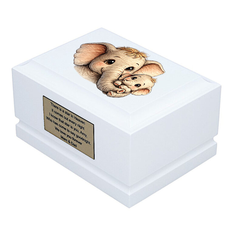 Baby Elephant Child Memorial Urn – White Wooden Cremation Urn Side Perspective