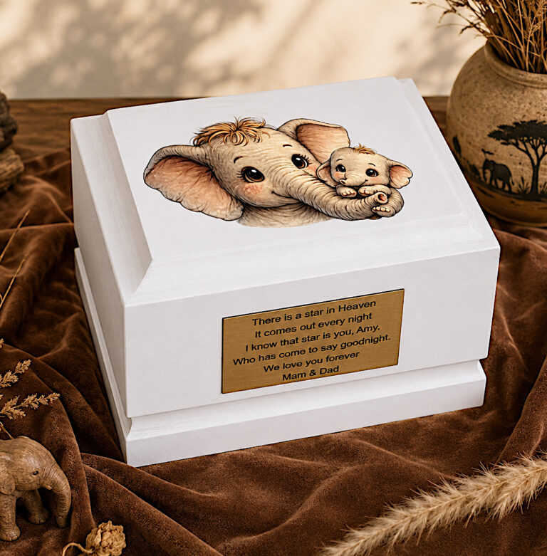 Baby Elephant Child Cremation Urn Displayed in a Peaceful Memorial Setting