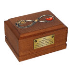 Wooden Dog Cremation Urn with Infinity Paw and Heart Design, personalized memorial plaque.