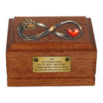 Front view of Wooden Dog Cremation Urn with Infinity Paw and Heart Design.