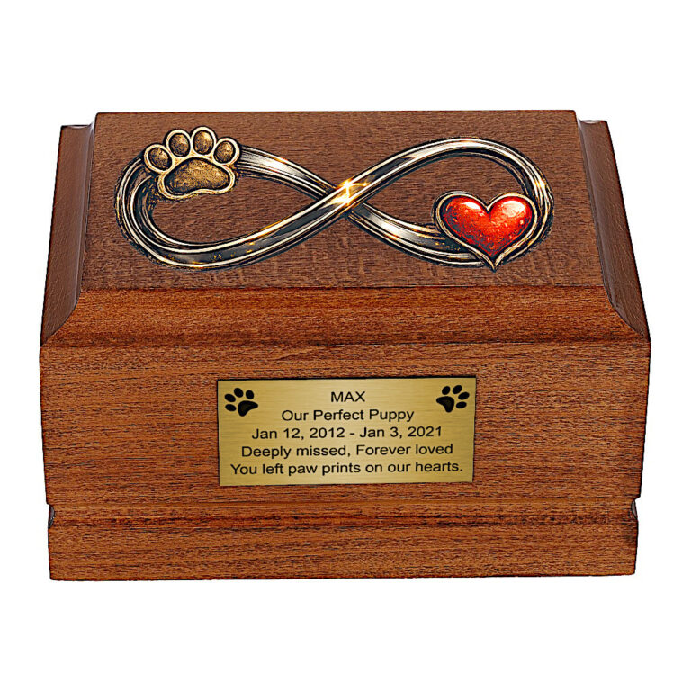 Front view of Wooden Dog Cremation Urn with Infinity Paw and Heart Design.