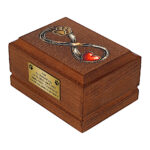 Angled view of Wooden Dog Cremation Urn with Infinity Paw and Heart Design.