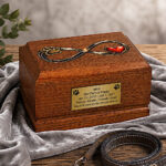 Wooden Dog Cremation Urn with Infinity Paw and Heart Design in a peaceful memorial display.