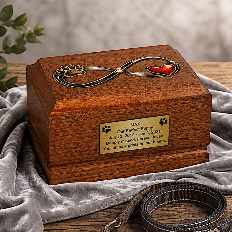Wooden Dog Cremation Urn with Infinity Paw and Heart Design in a peaceful memorial display.
