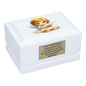 Guardian Angel Child Cremation Urn – White Wooden Memorial Urn for Ashes Front Angled View