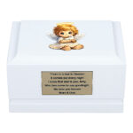White Wooden Child Cremation Urn with Guardian Angel Design – Front View Memorial Urn for Ashes