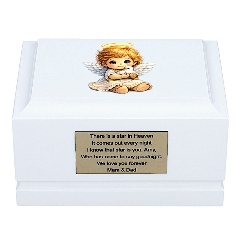White Wooden Child Cremation Urn with Guardian Angel Design – Front View Memorial Urn for Ashes