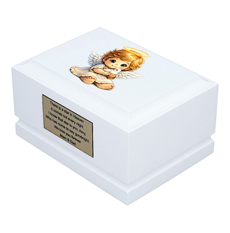 Guardian Angel Baby Cremation Urn – White Wooden Child Memorial Urn Side Perspective