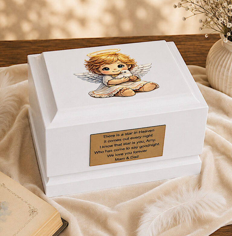 Guardian Angel Child Cremation Urn Displayed in a Peaceful Memorial Setting